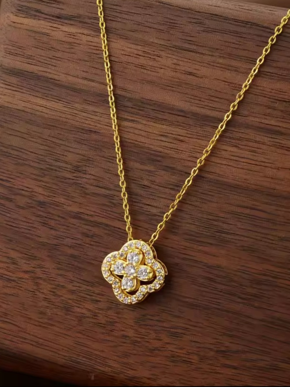 Delicate Gold Floral Pendant Necklace with Clear Crystals